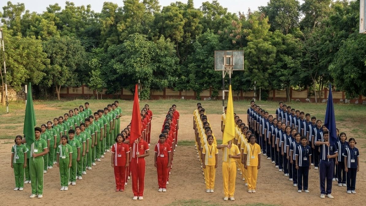 Students in formation on sports day